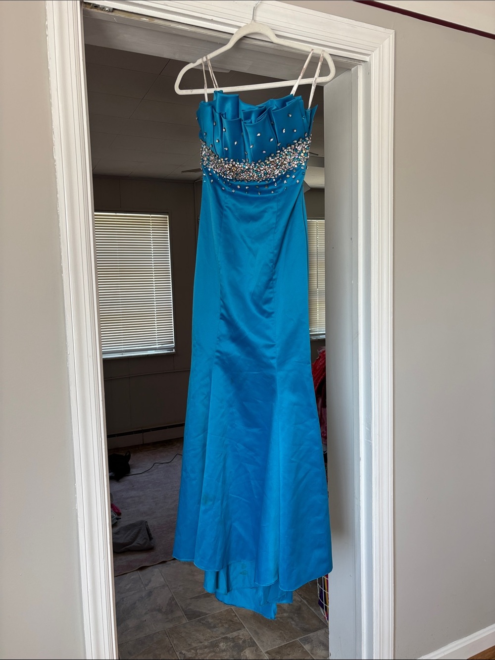 Tony Bowls Turquoise Strapless Beaded Prom Gown